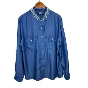 SOHO Chambray Pearl/Chains Embellished Collar Long Sleeve Lyocell Shirt Size XXL